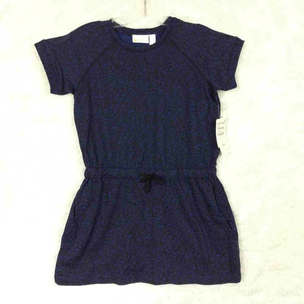 Zella Girls Dress Short Sleeve Navy Blue Twilight Wave Print Knit S 7/8 New